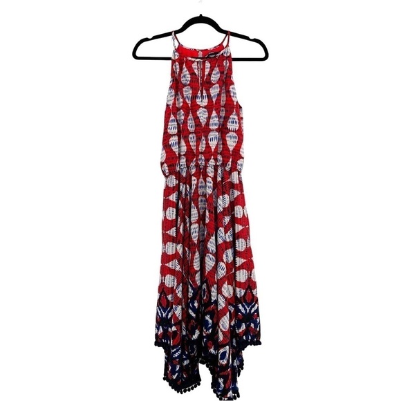 MAGGY LONDON Red White & Blue Patterned Handkerchief Hem A Line Dress Sz 4 - Picture 3 of 8